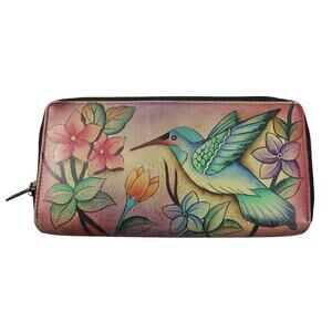 Anuschka Hand Painted Leather Wallet Accordion Clutch Hummingbird Flower
